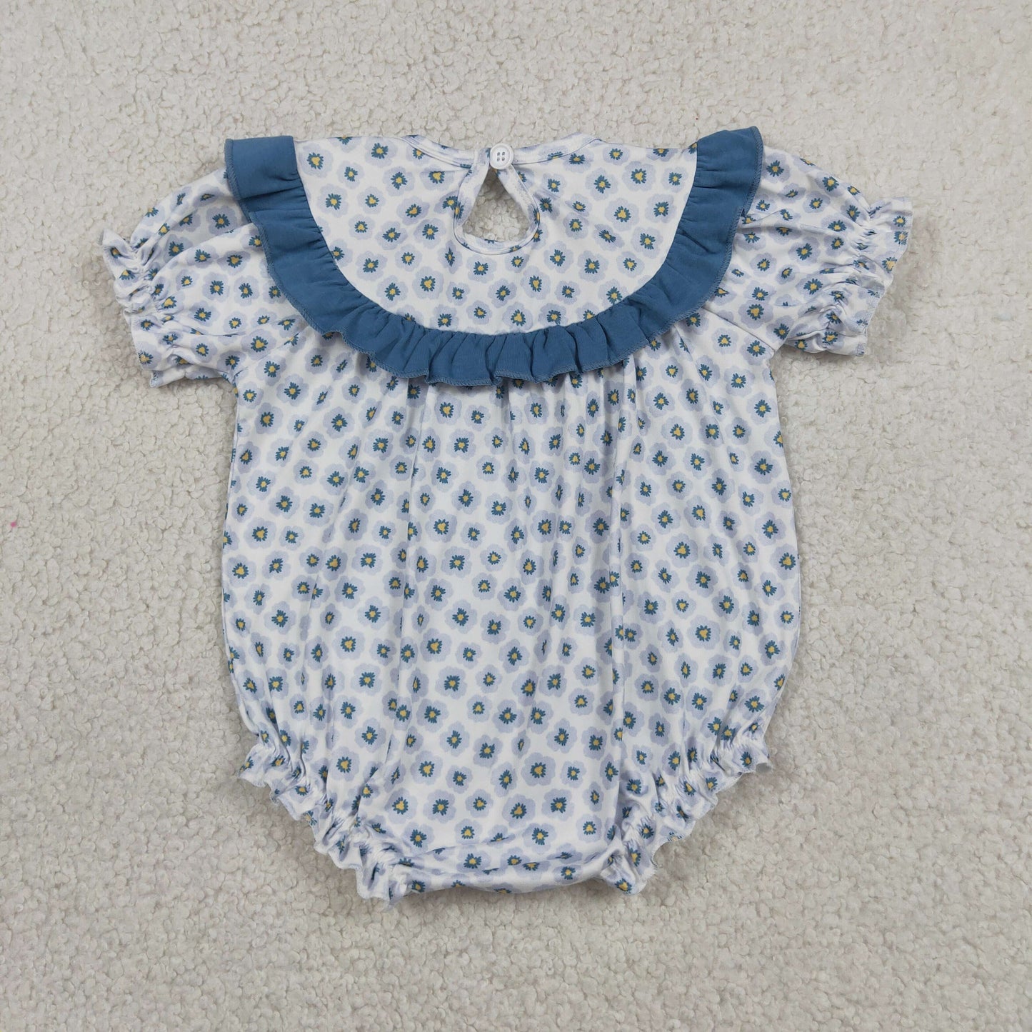 RTS NO MOQ milk silk SR4141 Baby Girls Smocked Daddys Girl Blue Flowers Ruffle Rompers