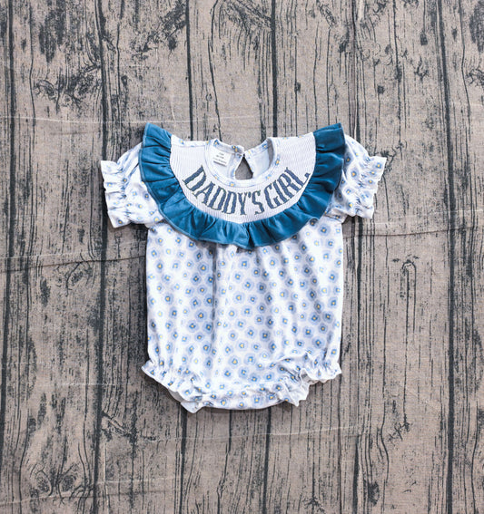 (Pre Order) No moq SR4141 Smocked Cute Blue Flower Print Daddys Girl Infant Ruffle Rompers