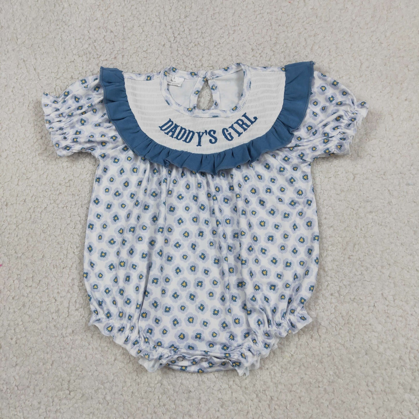 RTS NO MOQ milk silk SR4141 Baby Girls Smocked Daddys Girl Blue Flowers Ruffle Rompers
