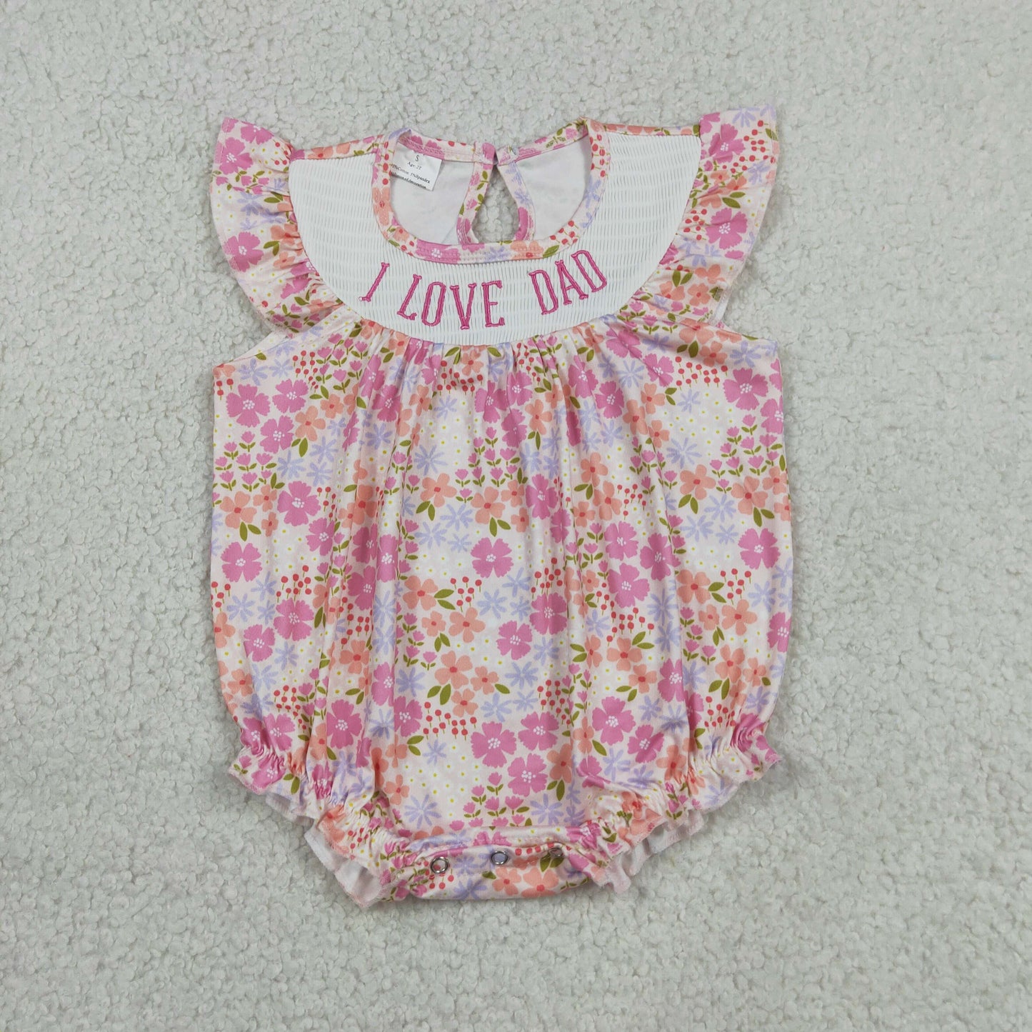 RTS NO MOQ milk silk SR4142 Baby Girls Cute Smocked I Love Dad Colorful Flowers Ruffle Rompers