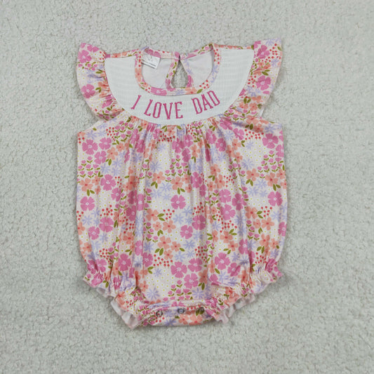 RTS NO MOQ milk silk SR4142 Baby Girls Cute Smocked I Love Dad Colorful Flowers Ruffle Rompers