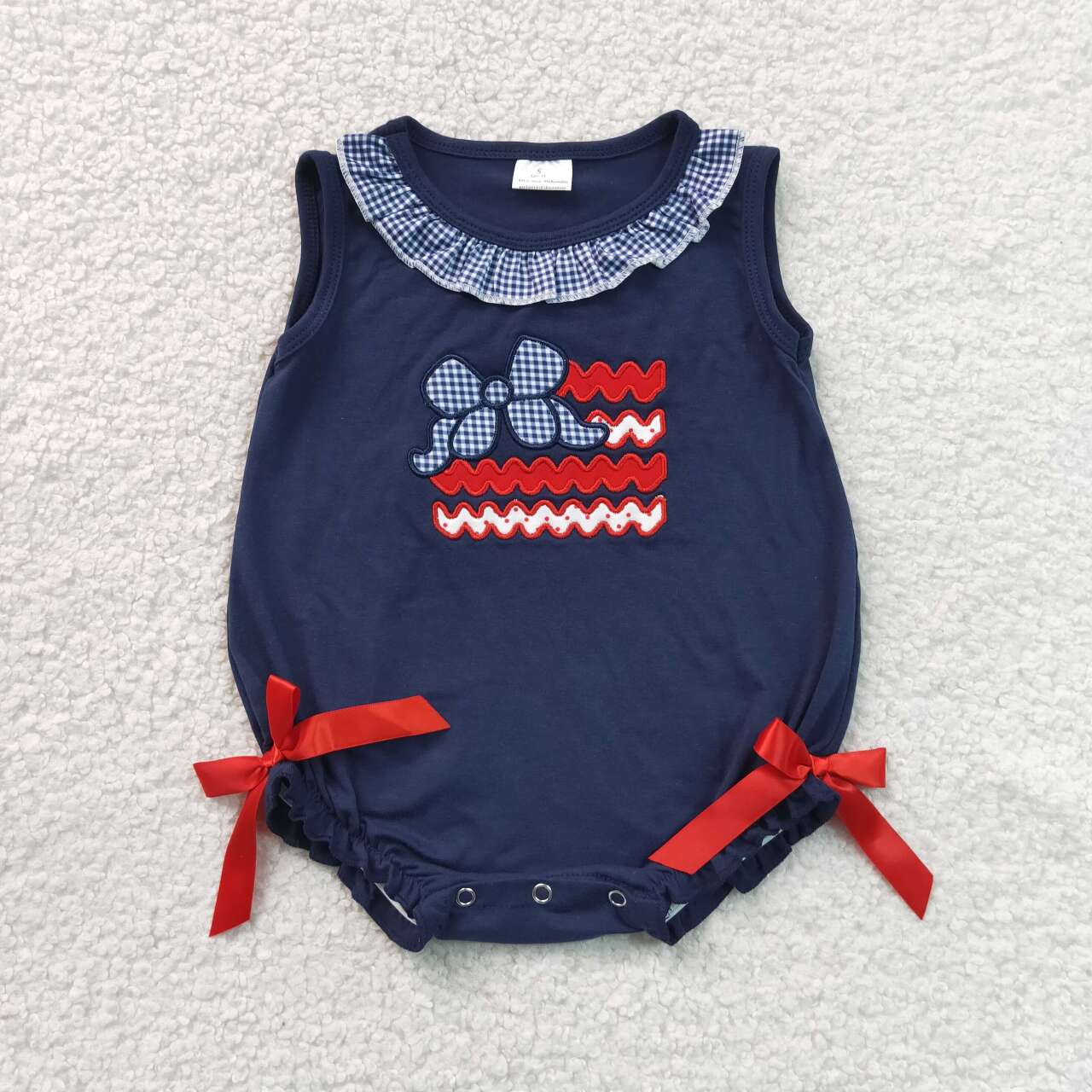 RTS NO MOQ milk silk SR4152 Baby Girls 4th of July Flag Bow Embroidery Sleeveless Ruffle Romper