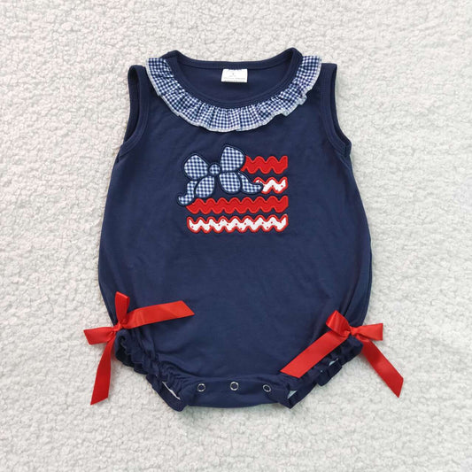 RTS NO MOQ milk silk SR4152 Baby Girls 4th of July Flag Bow Embroidery Sleeveless Ruffle Romper