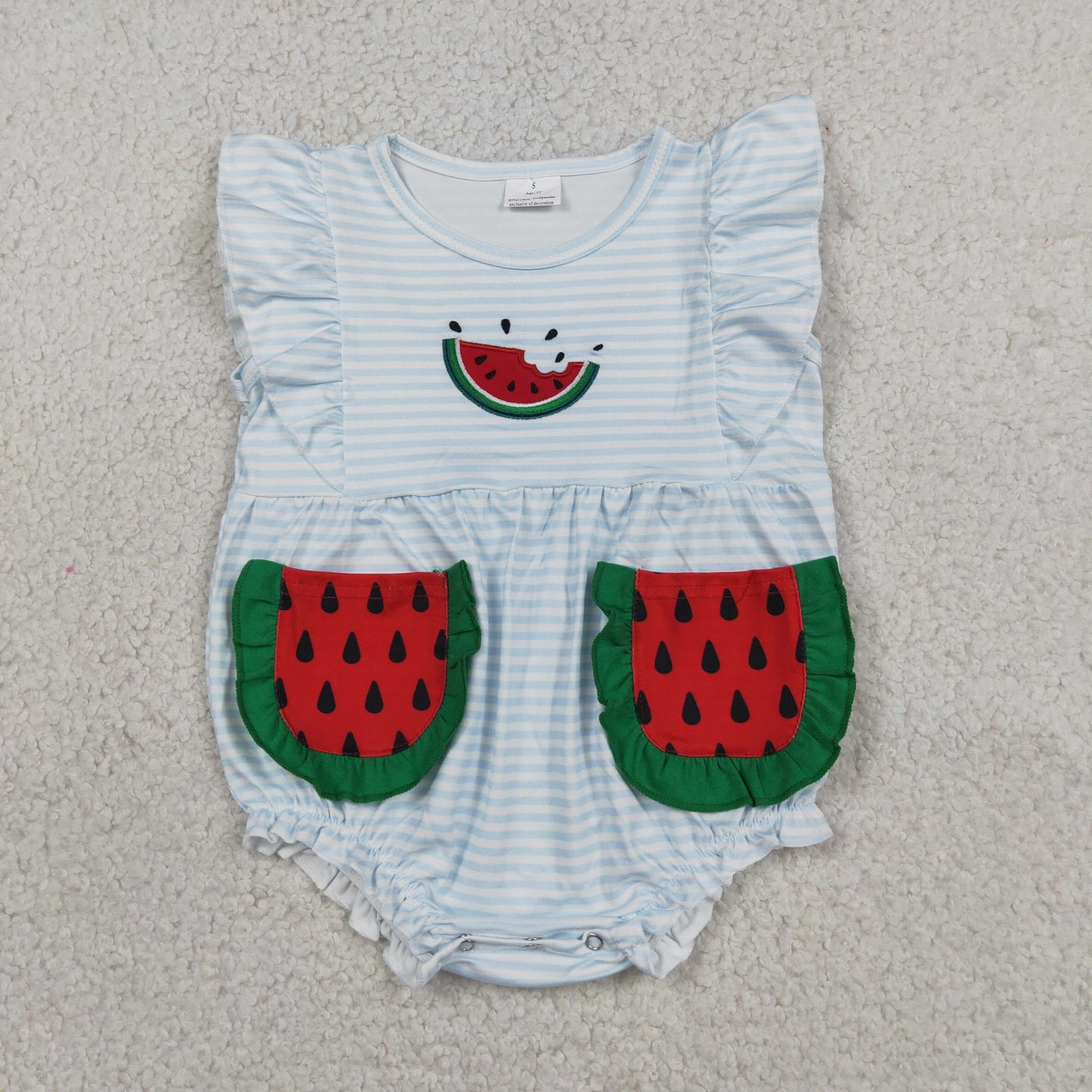 RTS NO MOQ milk silk SR4153 Baby Girls Cute Watermelon Embroidery Blue Stripe Ruffle Romper With Pockets And Flutter Sleeve