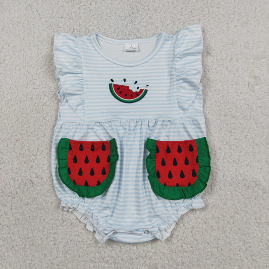 RTS NO MOQ milk silk SR4153 Baby Girls Cute Watermelon Embroidery Blue Stripe Ruffle Romper With Pockets And Flutter Sleeve
