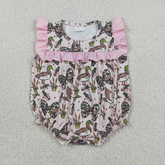 RTS NO MOQ milk silk SR4160 Baby Girls Cute Ducks Hunting Camo Sleeveless Bows Ruffle Romper