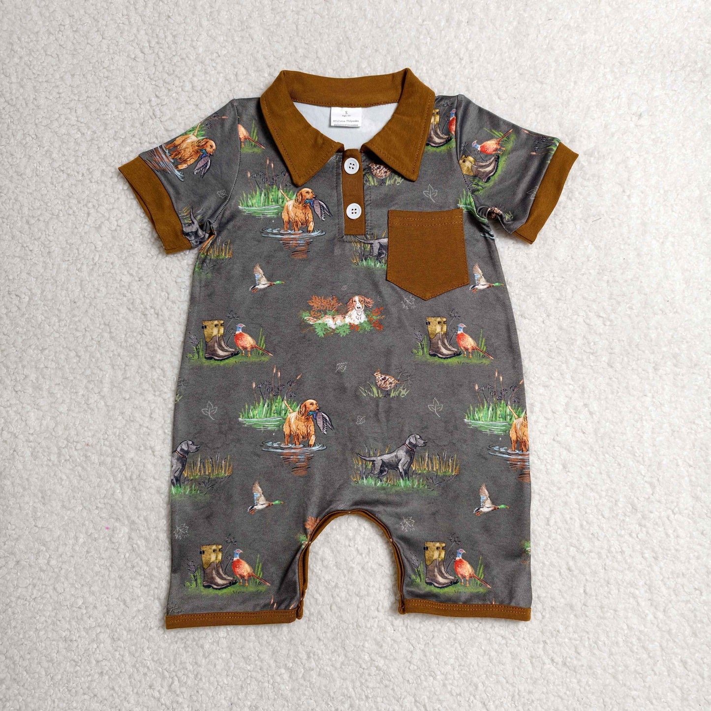 RTS NO MOQ milk silk SR4162 Baby Boys Summer Short Sleeve Ducks Dogs Hunting Romper