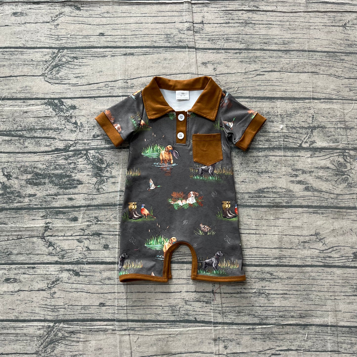 (Sample) No moq milk silk SR4162 Baby Boys Cute Short Sleeve Ducks Dogs Hunting Romper
