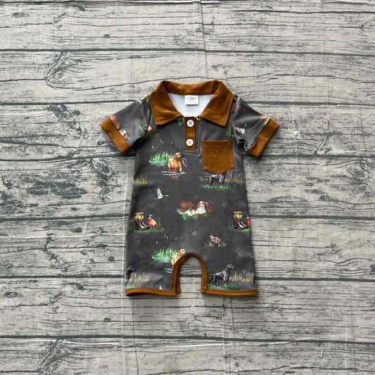 (Sample) No moq milk silk SR4162 Baby Boys Cute Short Sleeve Ducks Dogs Hunting Romper
