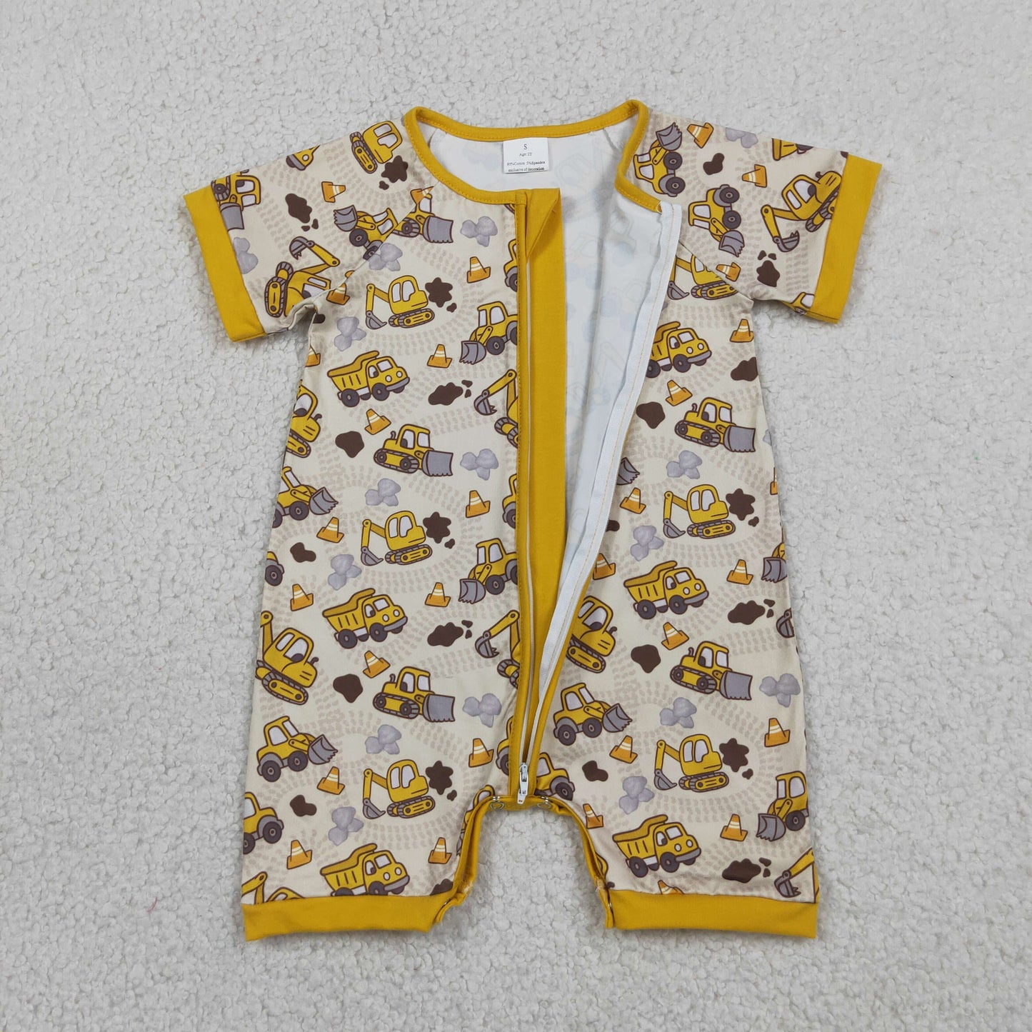 RTS NO MOQ milk silk SR4183 Baby Boys Excavator And Tractor Print Short Sleeve Zipper Romper