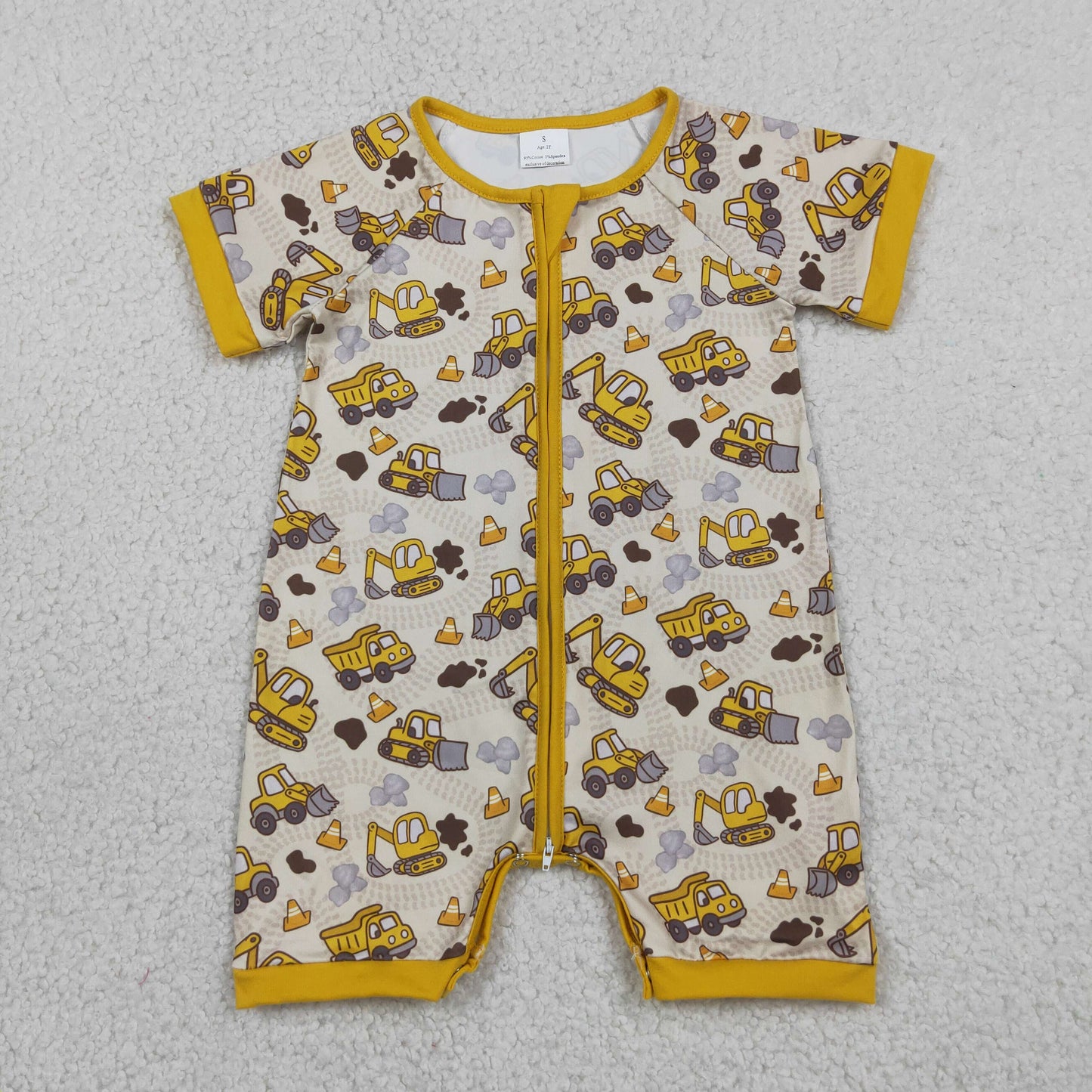 RTS NO MOQ milk silk SR4183 Baby Boys Excavator And Tractor Print Short Sleeve Zipper Romper