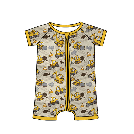 (Pre Order) No moq SR4183 Baby Boys Short Sleeve Excavators Tractors Zipper Romper