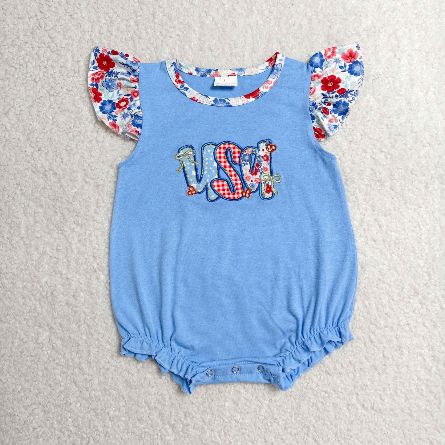 RTS NO MOQ milk silk SR4186 Baby Girls Embroidery USA Flutter Sleeve 4th of July Ruffle Rompers