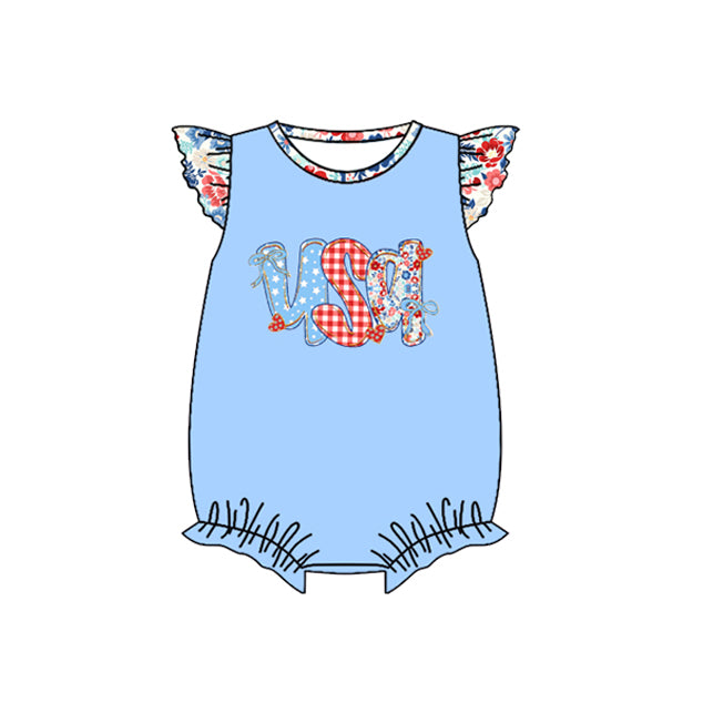 (Pre Order) No moq SR4186 Embroidery USA Baby Girls Flutter Sleeve 4th of July Ruffle Rompers