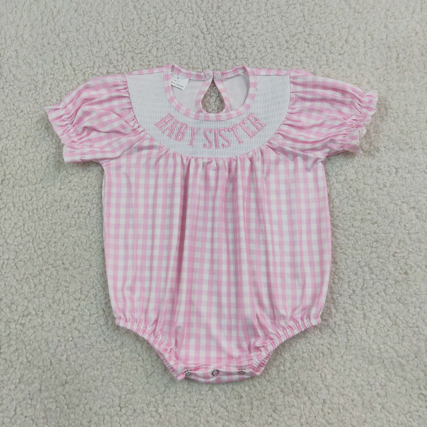 RTS NO MOQ Sibling milk silk Smocked Baby Boys And Girls Short Sleeve Checked Back Button Rompers
