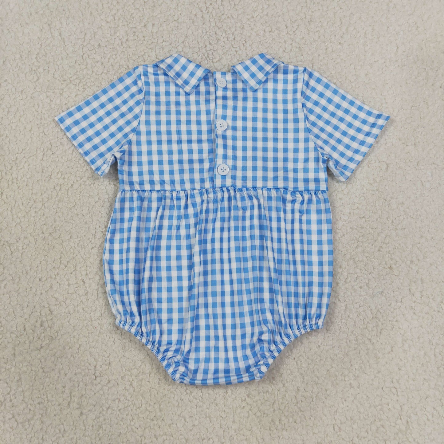 NEW RTS NO MOQ milk silk SR4231 Smocked Baby Blue Check Short Sleeve Casual Rompers