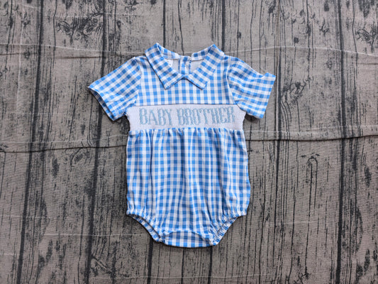 (Sample) No moq SR4231 Smocked Baby Blue Check Short Sleeve Rompers