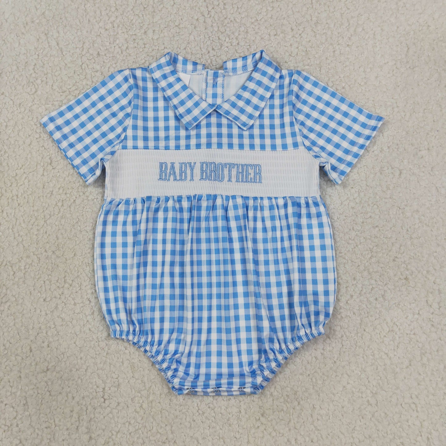 NEW RTS NO MOQ milk silk SR4231 Smocked Baby Blue Check Short Sleeve Casual Rompers