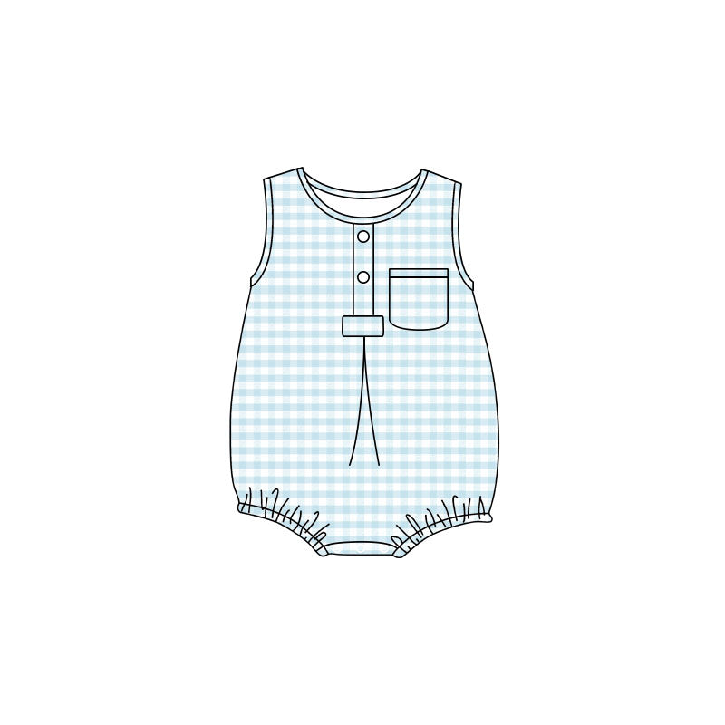 (Pre Order) No moq Infant Kids Sleeveless Checked Pocket Button Rompers