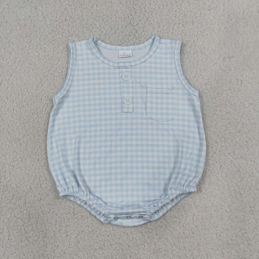NEW RTS NO MOQ milk silk SR4232 Baby Kids Light Blue Check Sleeveless Button Pocket Rompers