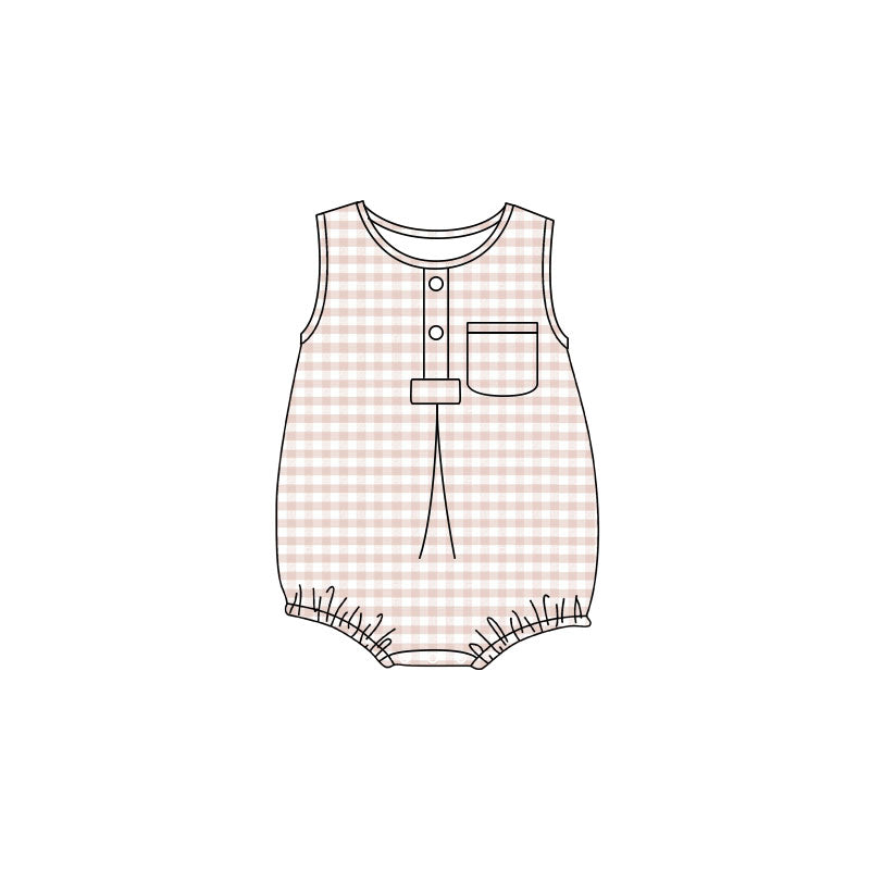 (Pre Order) No moq Infant Kids Sleeveless Checked Pocket Button Rompers