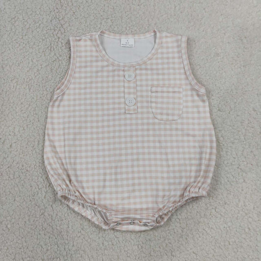 NEW RTS NO MOQ milk silk SR4233 Baby Summer Light Pink Check Sleeveless Button Pocket Rompers