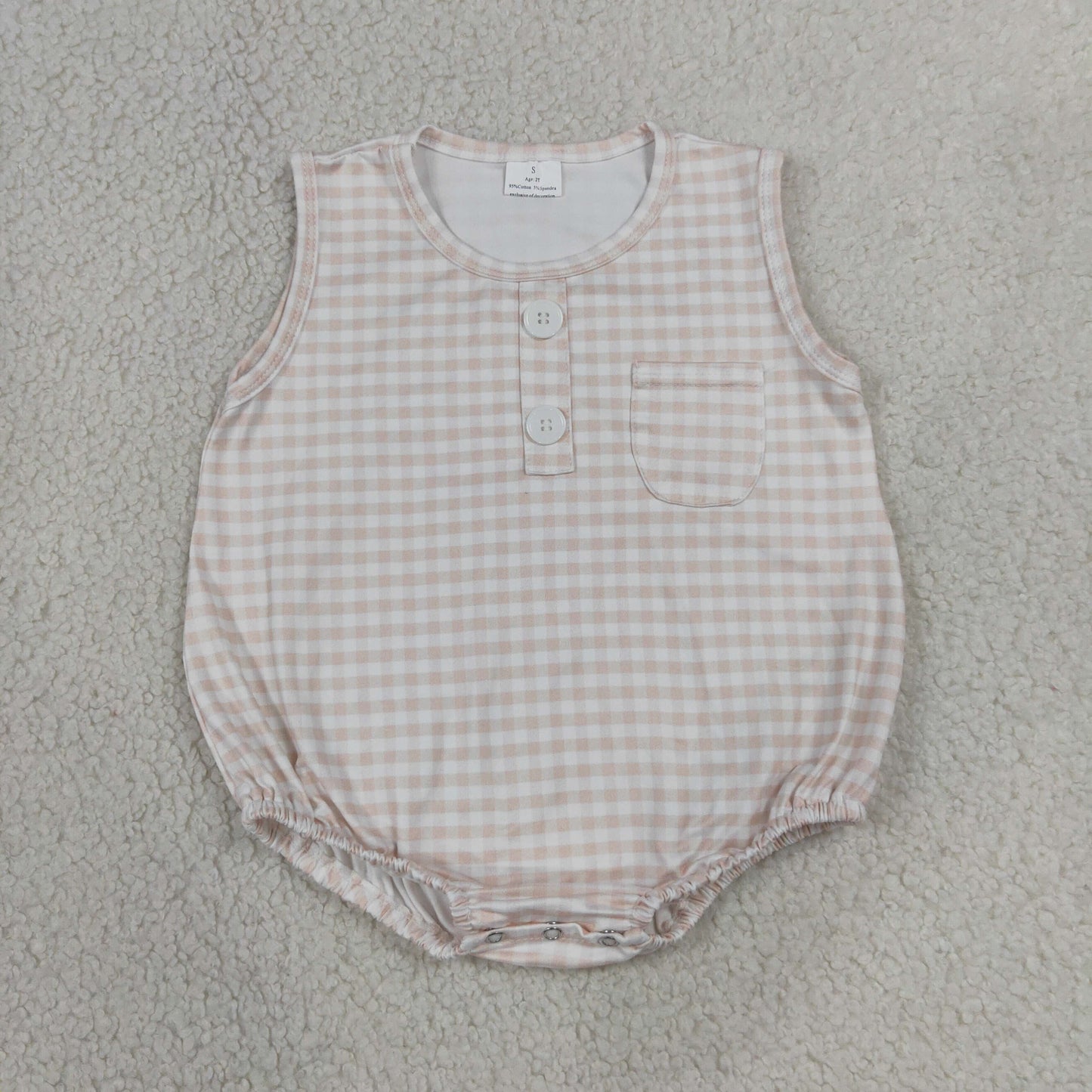RTS NO MOQ Sibling milk silk Baby Boys Sleeveless Checked Button Pocket Romper