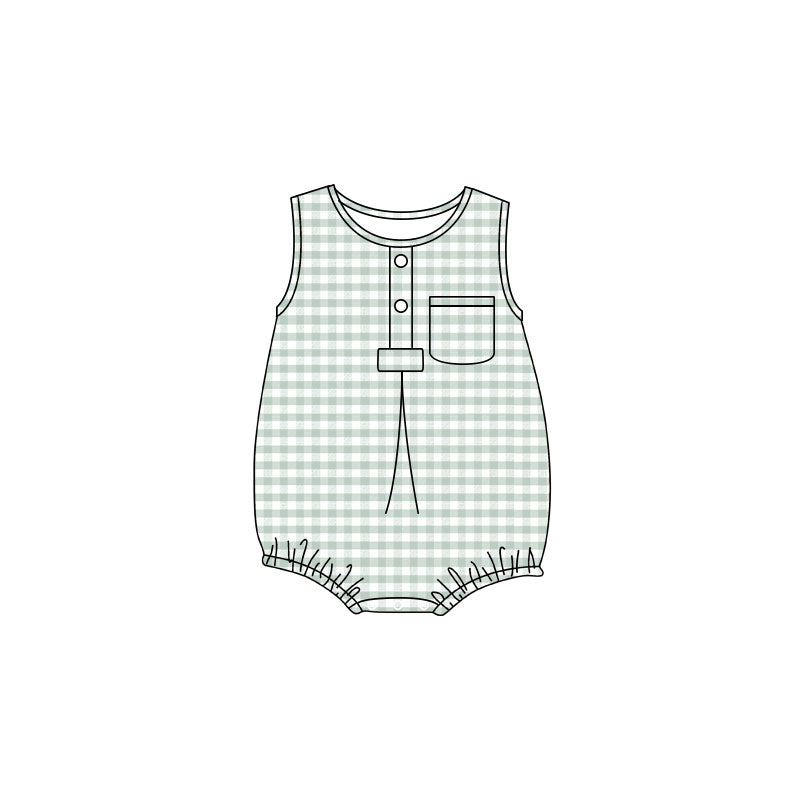 (Pre Order) No moq Infant Kids Sleeveless Checked Pocket Button Rompers