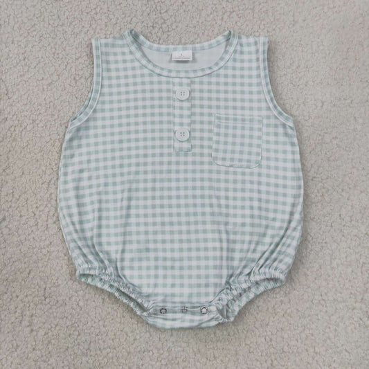 NEW RTS NO MOQ milk silk SR4234 Baby Kids Light Green Check Sleeveless Pocket Button Rompers