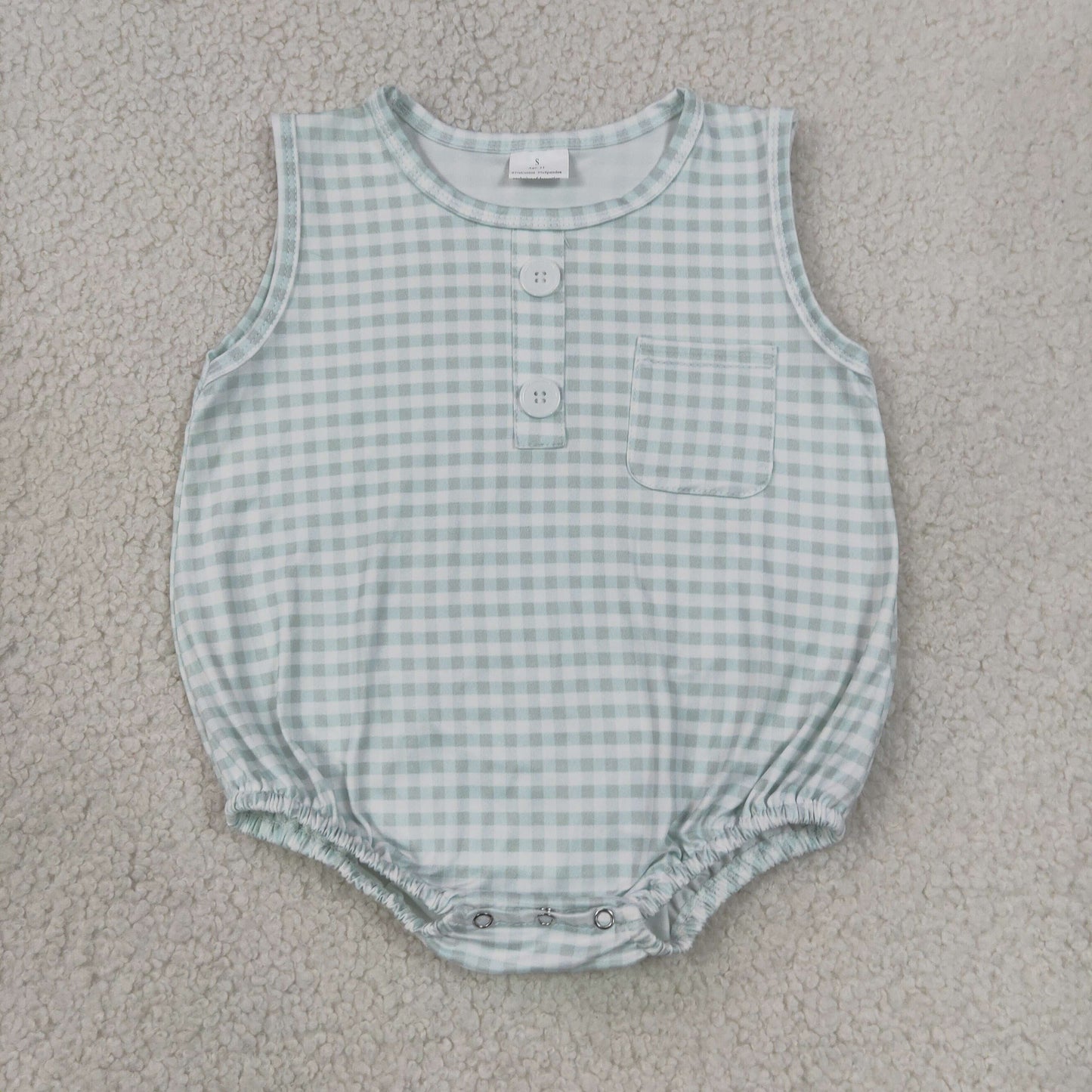 RTS NO MOQ Sibling milk silk Baby Boys Sleeveless Checked Button Pocket Romper