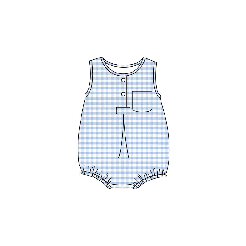 (Pre Order) No moq Infant Kids Sleeveless Checked Pocket Button Rompers