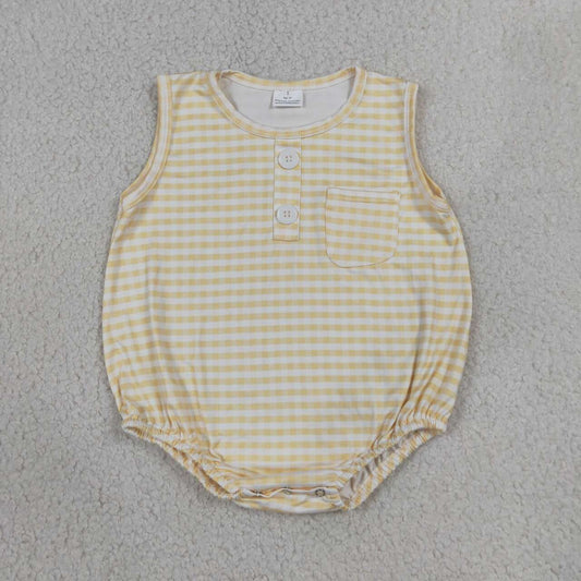NEW RTS NO MOQ milk silk SR4236 Baby Kids Summer Yellow Check Sleeveless Button Pocket Rompers