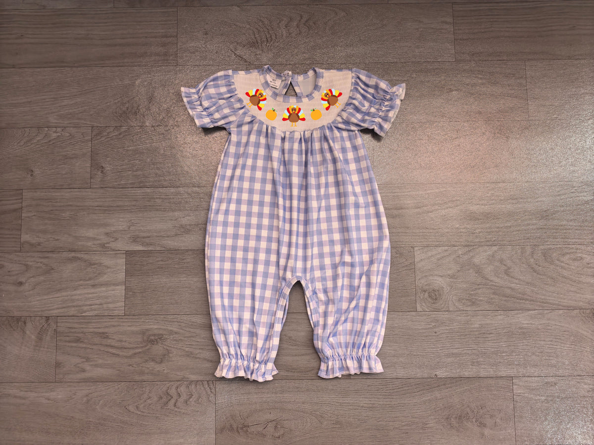 (Sample) No moq milk silk SR4276 Smocked Baby Girls Short Sleeve Turkey Pumpkins Thanksgiving Print Checked Rompers Holiday Rompers