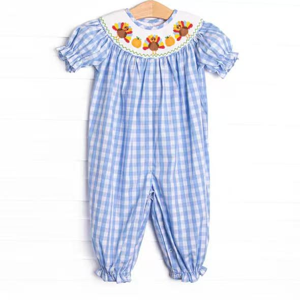 (Preorder new) No moq SR4276 Baby Girls Short Sleeve Turkey Pumpkins Thanksgiving Print Checked Rompers Holiday Rompers