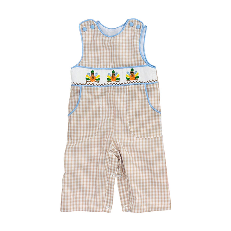 (Preorder new) No moq SR4277 Baby Boys Sleeveless Turkey Thanksgiving Print Checked Pockets Rompers Fall Holiday Rompers