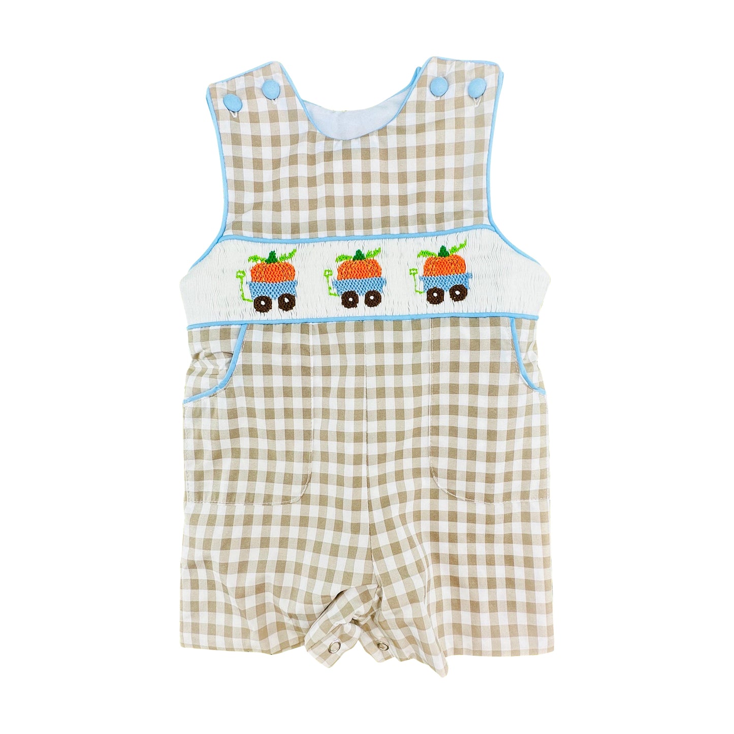 (Pre Order) No moq Baby Girls Khaki Checked Pumpkin Truck Print Long Sleeve Ruffle Knee Length Dresses Rompers