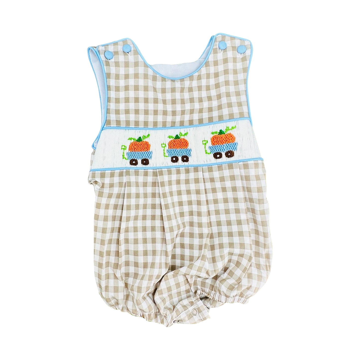 (Pre Order) No moq Baby Girls Khaki Checked Pumpkin Truck Print Long Sleeve Ruffle Knee Length Dresses Rompers