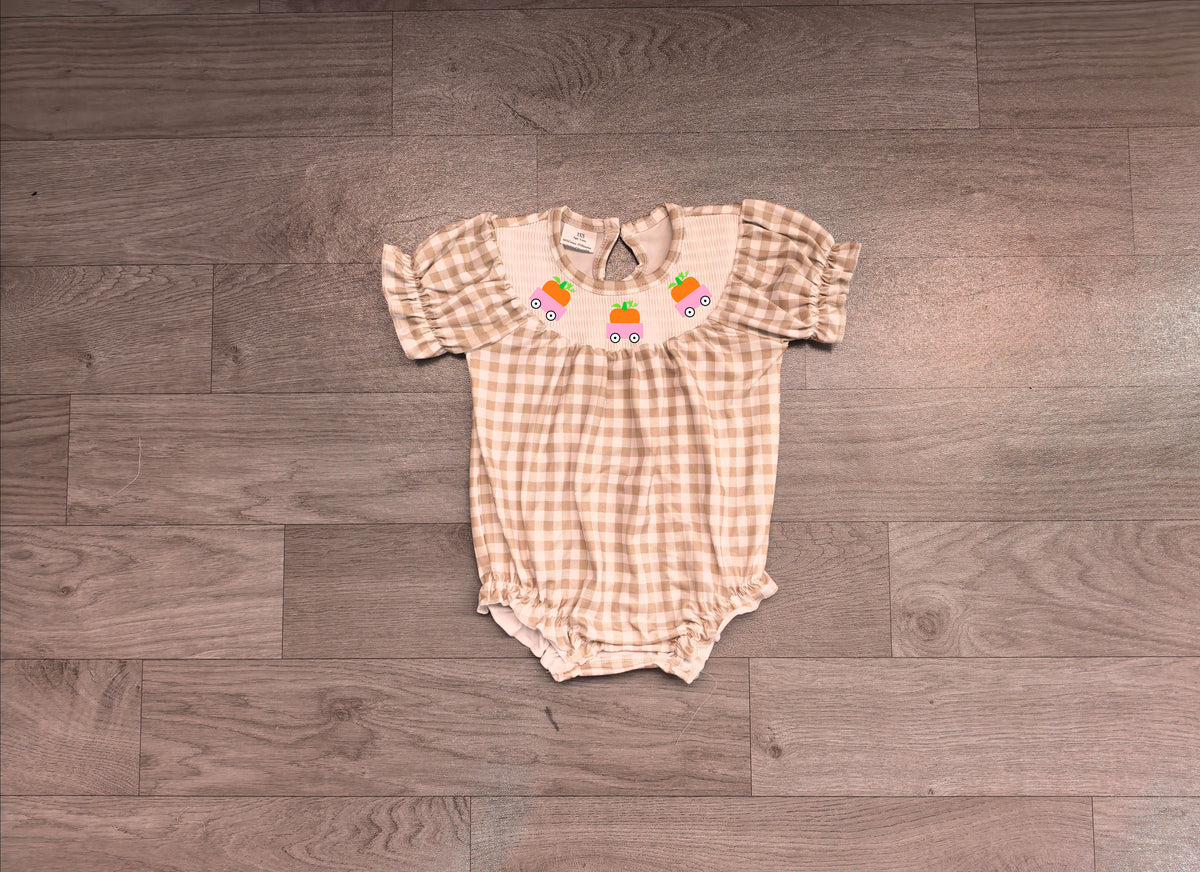 (Sample) No moq milk silk SR4280 Smocked Baby Girls Khaki Checked Pumpkins Trucks Fall Ruffle Rompers