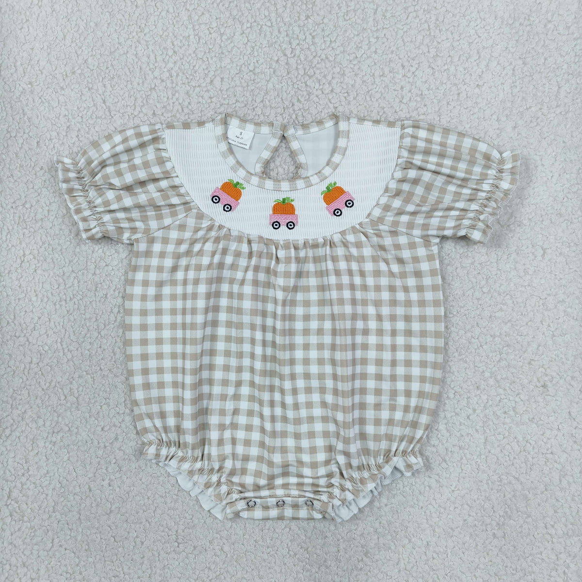 NEW RTS NO MOQ milk silk SR4280 Smocked Baby Girls Khaki Checked Pumpkins Trucks Fall Ruffle Rompers