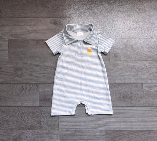 (Sample) No moq milk silk SR4281 Embroidery Baby Boys Blue Stripe Candy Print Short Sleeve Button Halloween Rompers