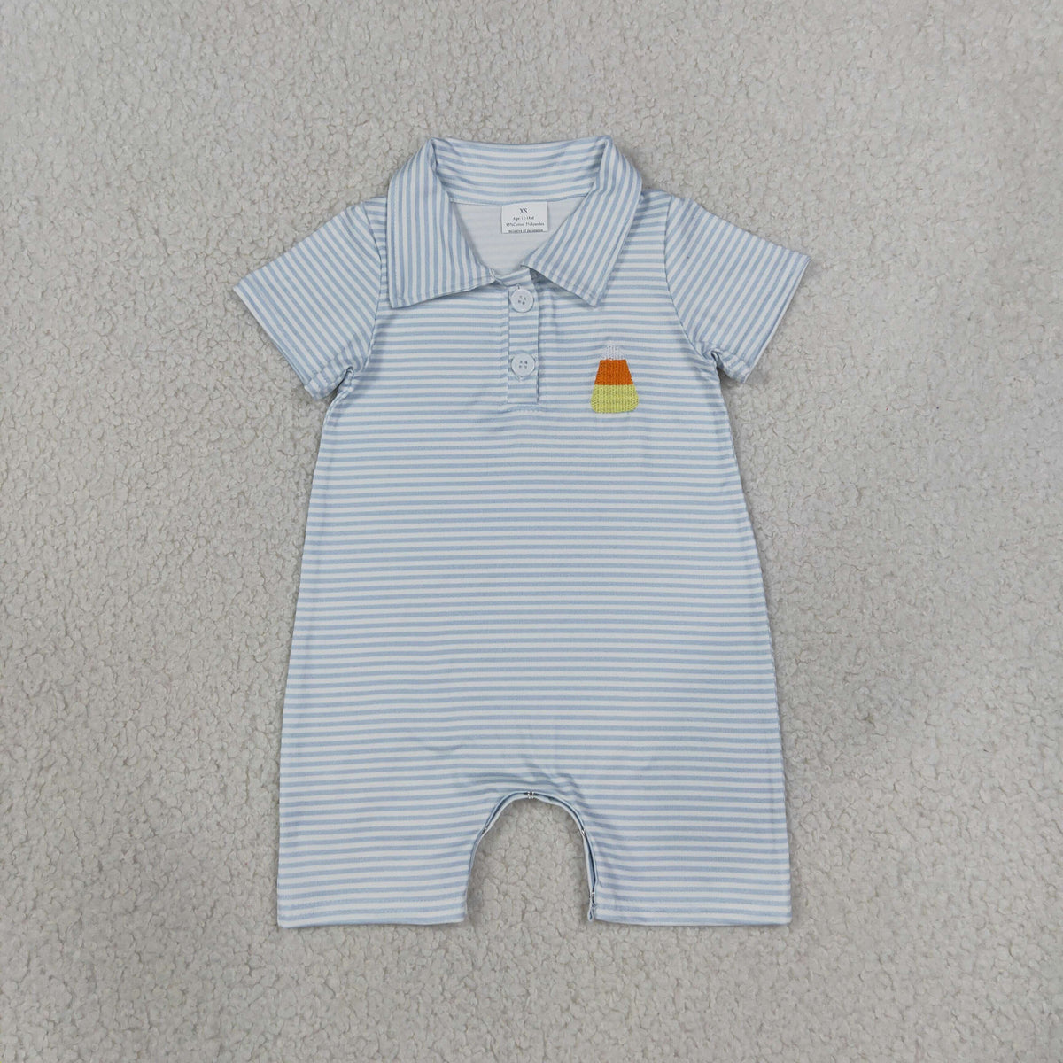 NEW RTS NO MOQ milk silk SR4281 Embroidery Baby Boys Casual Blue Stripe Candy Print Short Sleeve Button Halloween Rompers