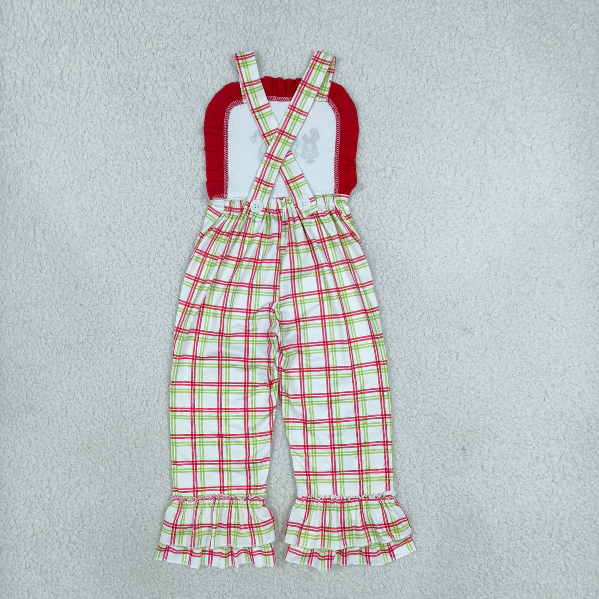 NEW RTS NO MOQ milk silk SR4282 Baby Girls Christmas Embroidery Green Strap Red Checked Ruffle Pants Christmas Jumpsuits
