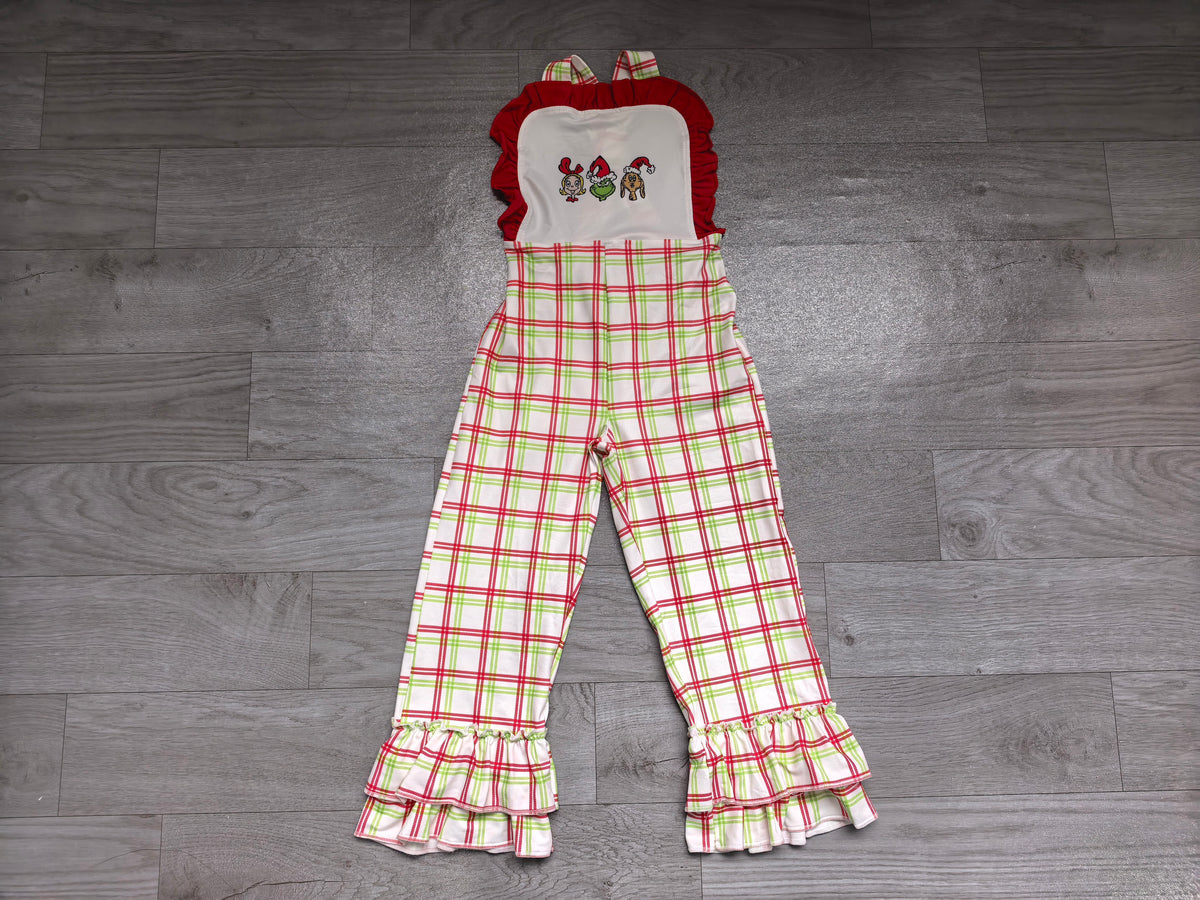 (Sample) No moq milk silk SR4282 Baby Girls Christmas Holiday Checked Print Ruffle Hem Jumpsuits