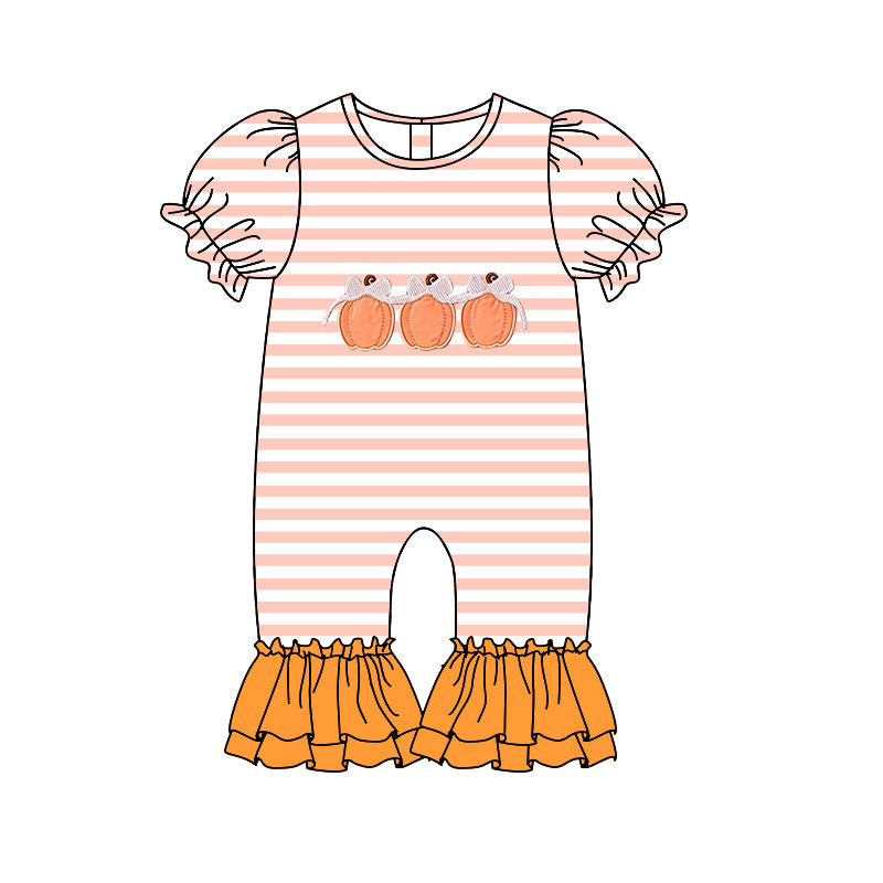 (Preorder new) No moq Embroidery Bow Pumpkins Baby Girls Boys Top Pockets Jogger Fall Clothes Sets Rompers Dress