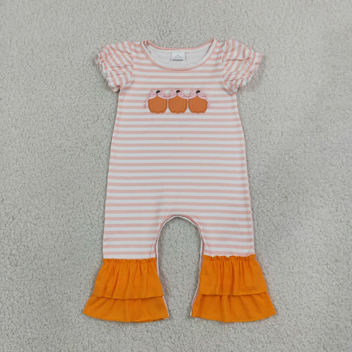 NEW RTS NO MOQ milk silk SR4284 Embroidery Baby Girls Short Sleeve Bow Pumpkin Print Ruffle Romper