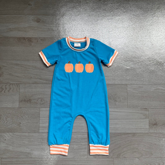 (Sample) No moq milk silk SR4285 Embroidery Baby Boys Blue Short Sleeve Pumpkin Print Romper