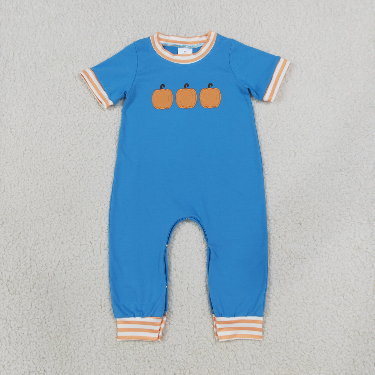 RTS NO MOQ Sibling milk silk Baby Boys Embroidery Pumpkins Short Sleeve Stripe Pockets Jogger Fall Clothes Sets Rompers