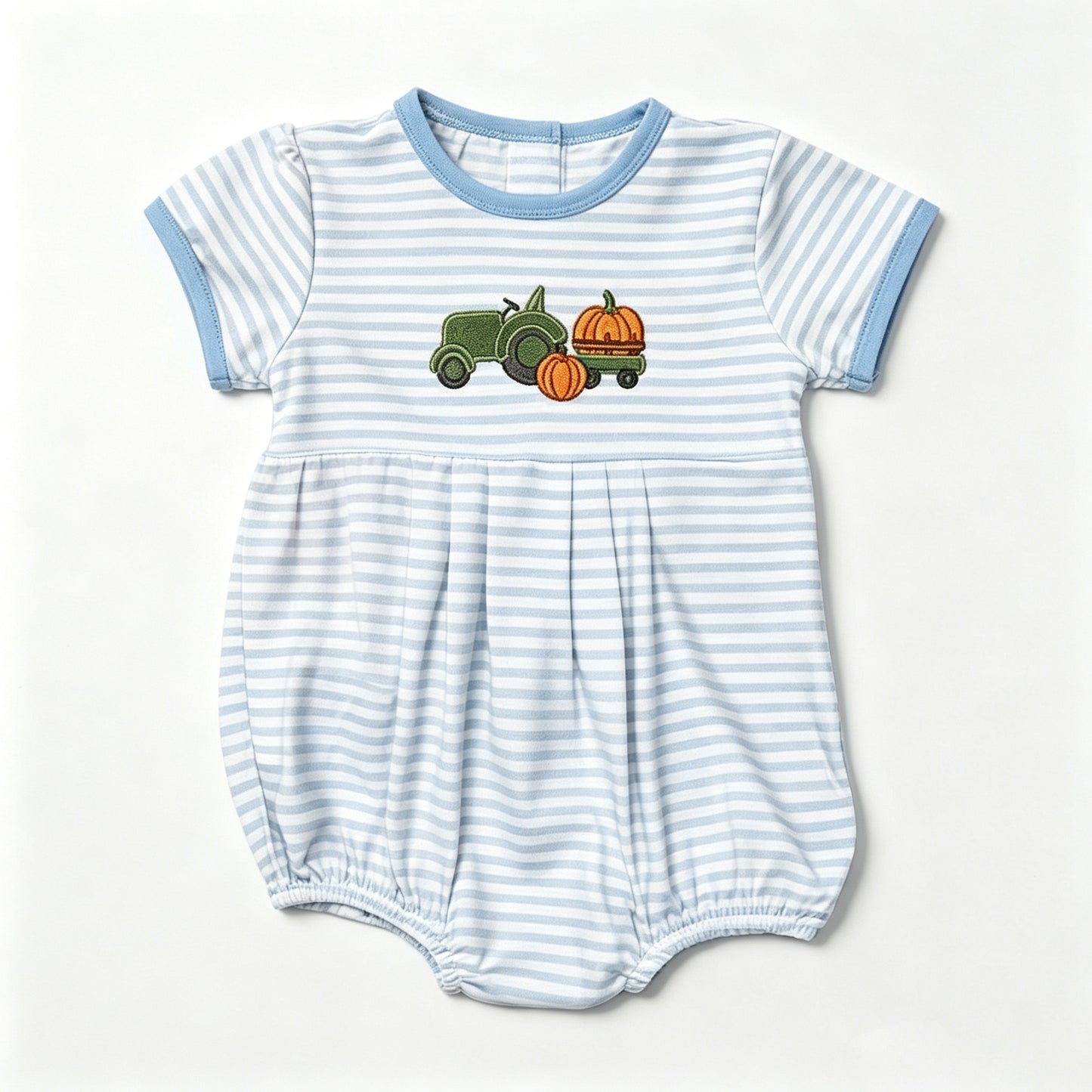 (Preorder new) No moq SR4286 Baby Boys Blue Stripe Pumpkin Truck Print Short Sleeve Fall Romper
