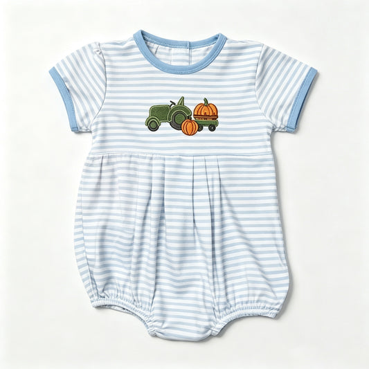 (Preorder new) No moq SR4286 Baby Boys Blue Stripe Pumpkin Truck Print Short Sleeve Fall Romper