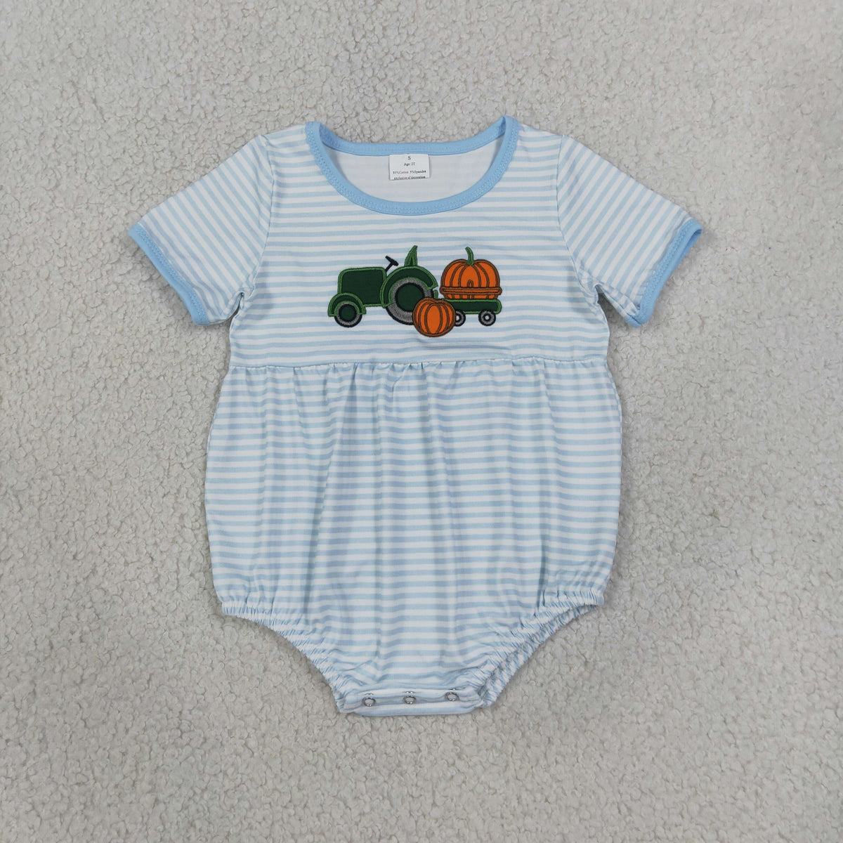 NEW RTS NO MOQ milk silk SR4286 Embroidery Baby Boys Blue Stripe Pumpkin Truck Print Short Sleeve Casual Fall Romper